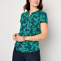 Liz Claiborne Womens Split Crew Neck Short Sleeve Petite Blouse