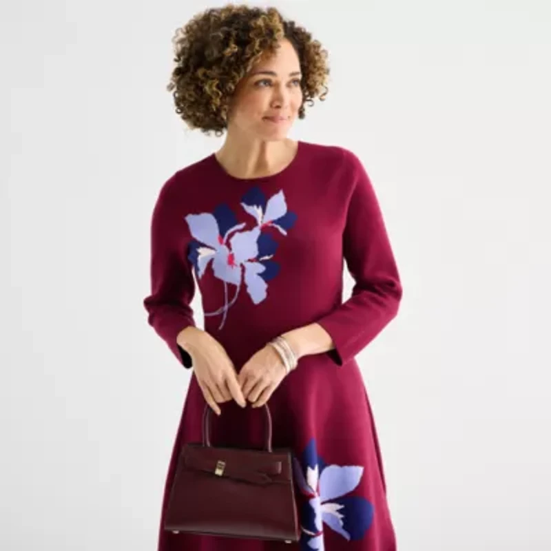 Liz Claiborne Womens Long Sleeve Floral Midi Sweater Dress