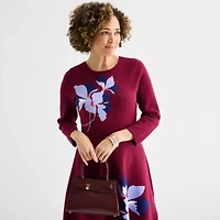 Liz Claiborne Womens Long Sleeve Floral Midi Sweater Dress