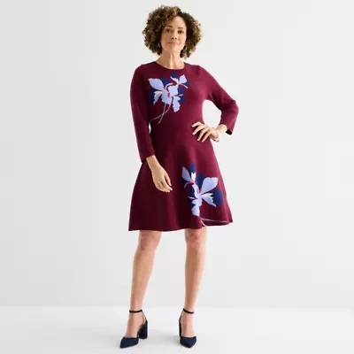 Liz Claiborne Womens Long Sleeve Floral Midi Sweater Dress