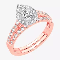 (H-I / SI1-SI2) Signature By Modern Bride Womens 1 CT. T.W. Lab Grown White Diamond 10K or 14K Gold Pear Halo Bridal Set