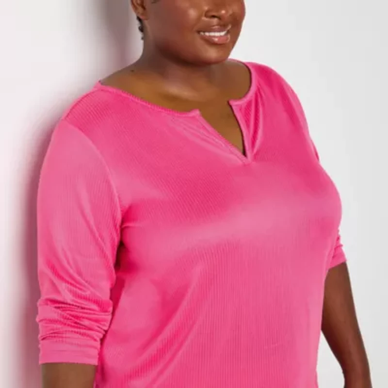 Sleep Chic Womens Rib V Neck Long Sleeve Plus Pajama Top