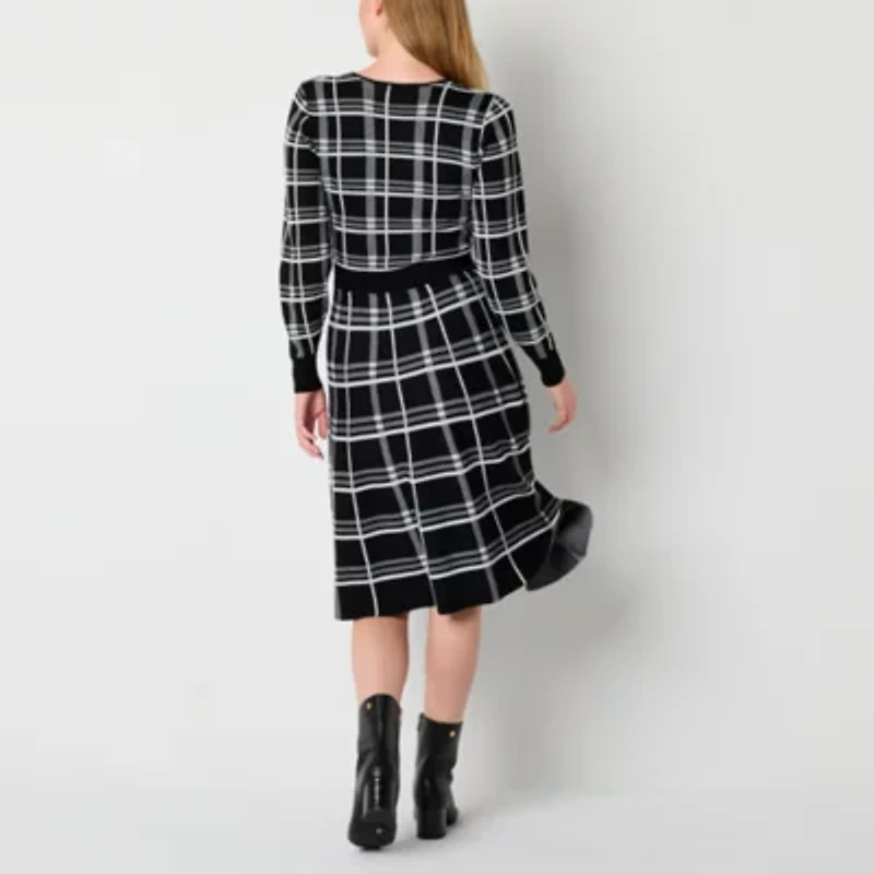 Robbie Bee Womens Long Sleeve Belted Plaid Midi Sweater Dress Petite