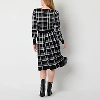 Robbie Bee Womens Long Sleeve Belted Plaid Midi Sweater Dress Petite