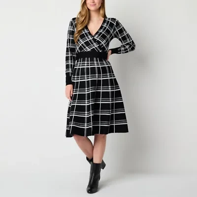 Robbie Bee Womens Long Sleeve Belted Plaid Midi Sweater Dress Petite