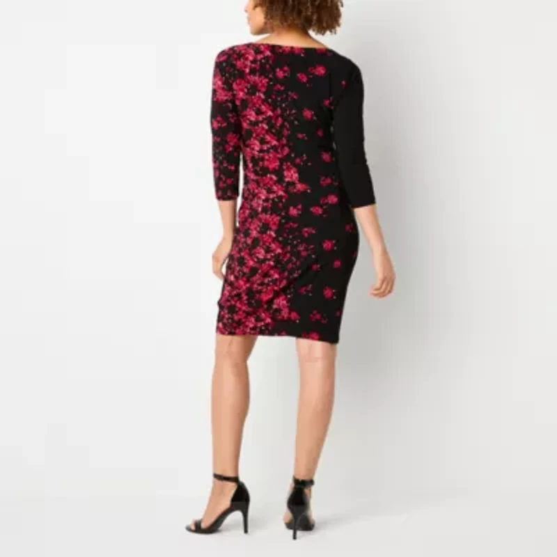 Black Label by Evan-Picone Womens 3/4 Sleeve Floral Sheath Dress