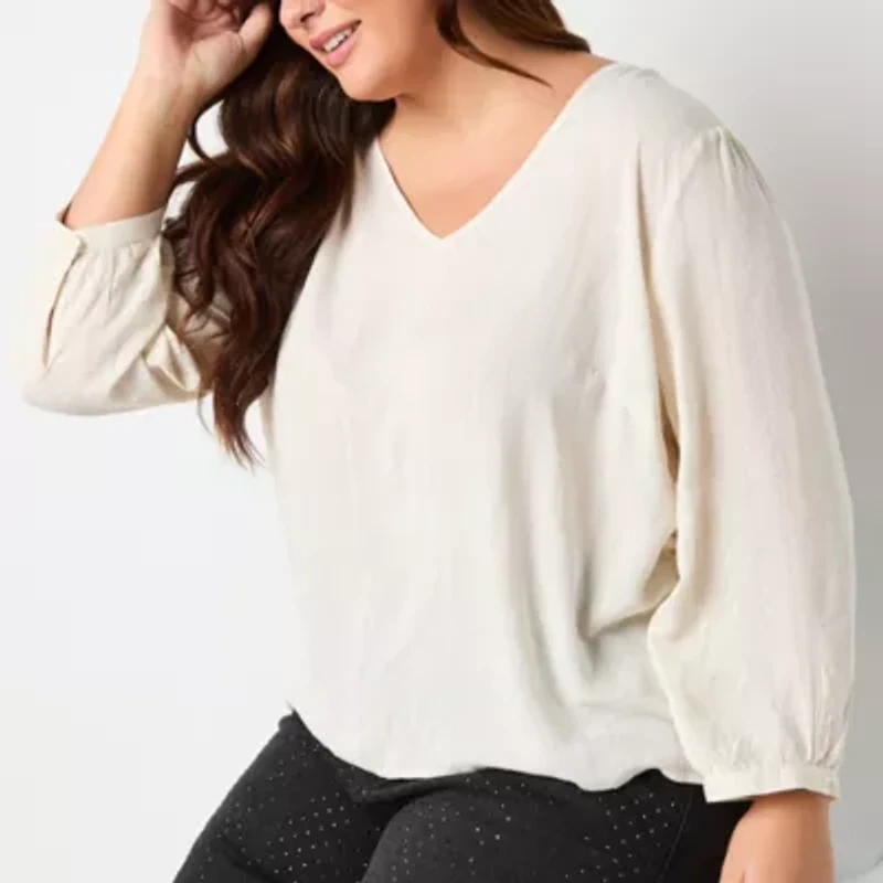 a.n.a Plus Womens Shine V Neck 3/4 Sleeve Blouse