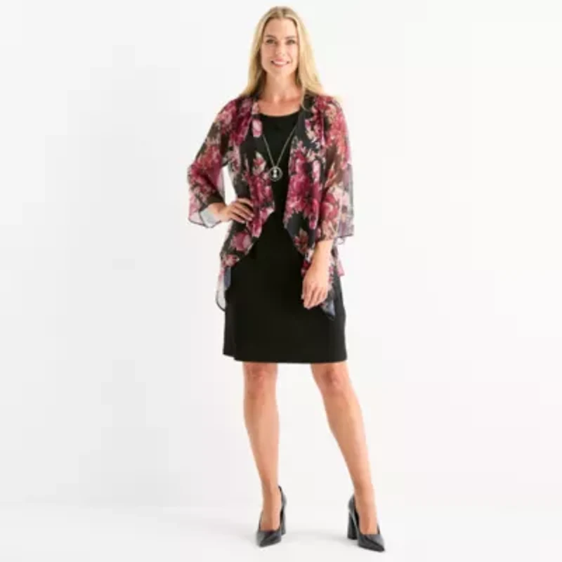 Studio 1 Womens Floral Faux-Jacket Dress With Removable Necklace