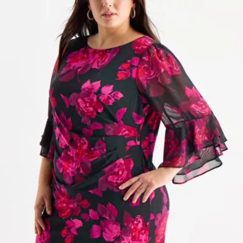 Jessica Howard Womens Plus 3/4 Sleeve Floral Sheath Dress