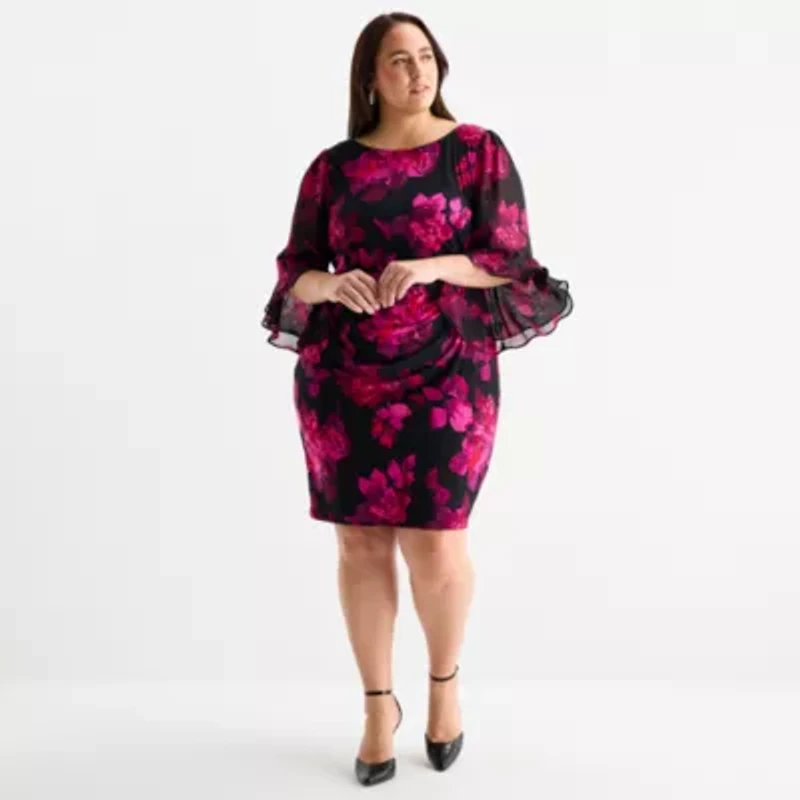 Jessica Howard Womens Plus 3/4 Sleeve Floral Sheath Dress