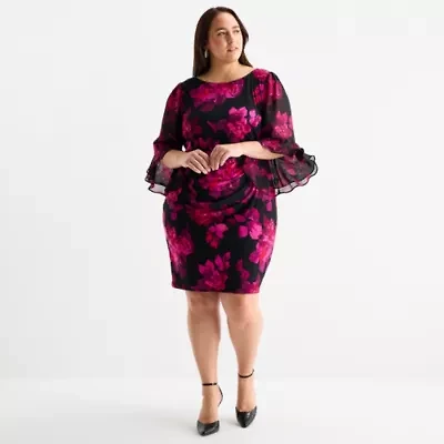 Jessica Howard Womens Plus 3/4 Sleeve Floral Sheath Dress