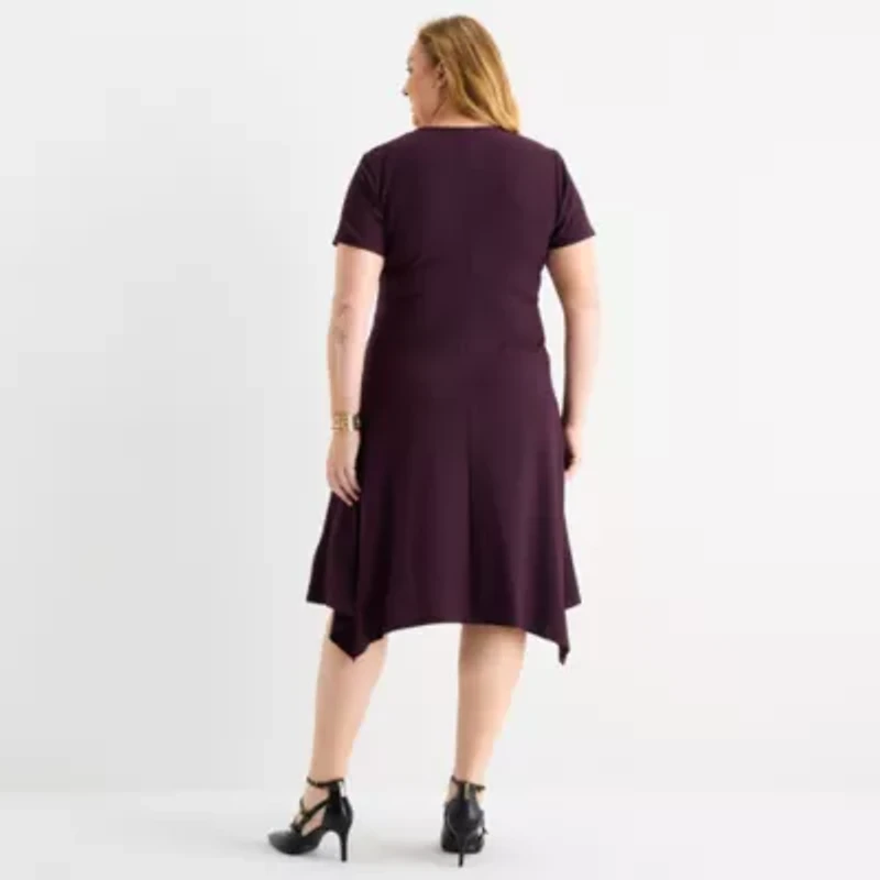 Perceptions Womens Short Sleeve Midi Plus Fit + Flare Dress