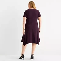 Perceptions Womens Short Sleeve Midi Plus Fit + Flare Dress