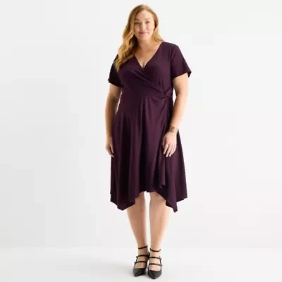 Perceptions Womens Short Sleeve Midi Plus Fit + Flare Dress