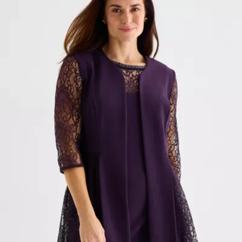 Maya Brooke Womens Lace Pearl Trim Jacket Dress