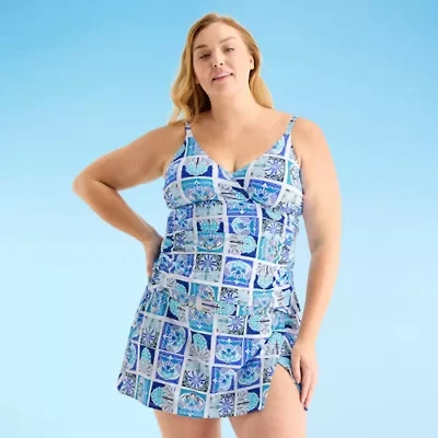 Liz Claiborne Womens Comfort Straps Shirred Patchwork Plus Tankini Swimsuit Top