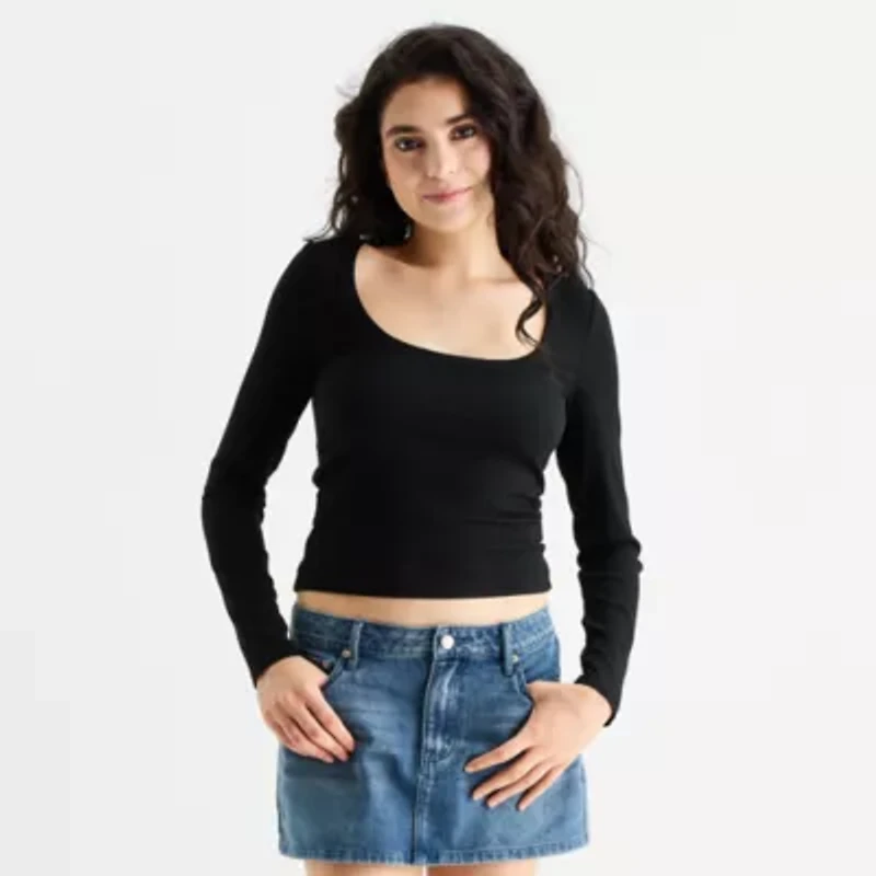 Forever 21 Womens Scoop Neck Long Sleeve Juniors Crop Top