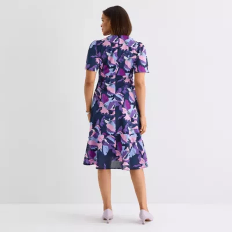 Liz Claiborne Womens Short Sleeve Floral Midi Empire Waist Dress