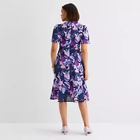 Liz Claiborne Womens Short Sleeve Floral Midi Empire Waist Dress