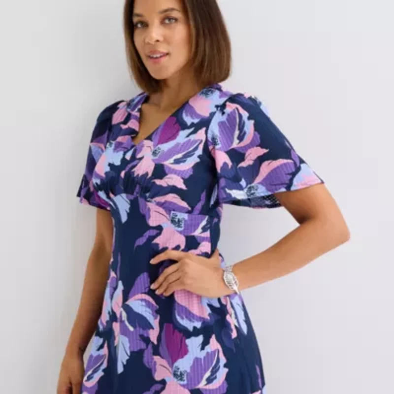 Liz Claiborne Womens Short Sleeve Floral Midi Empire Waist Dress