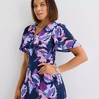 Liz Claiborne Womens Short Sleeve Floral Midi Empire Waist Dress