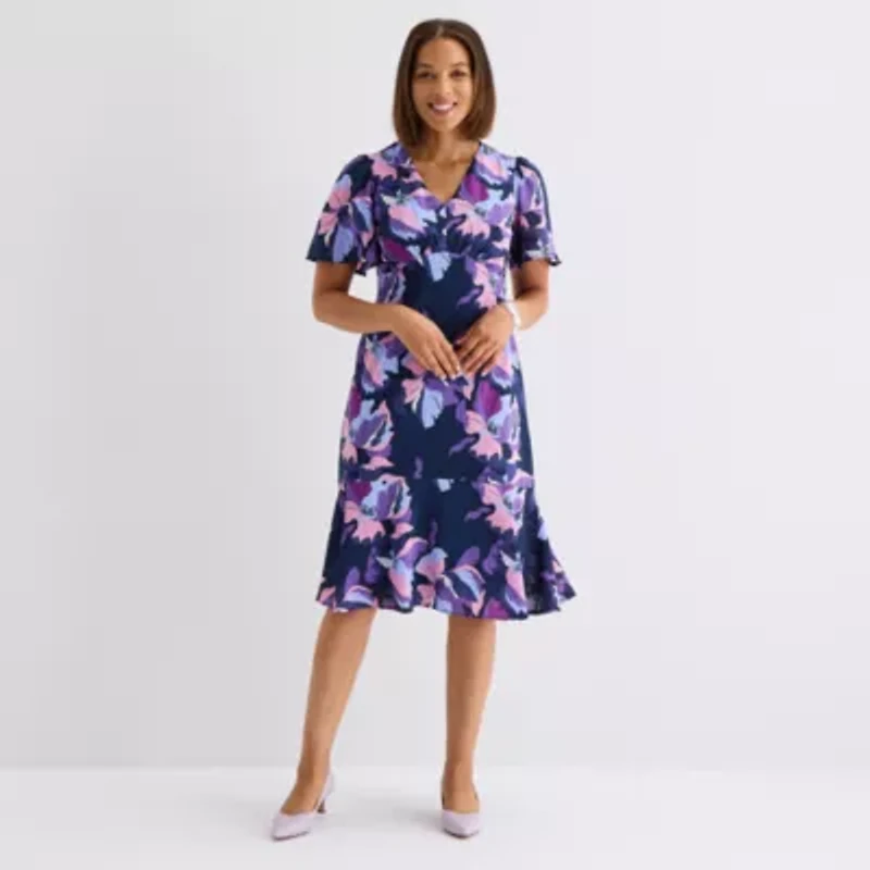 Liz Claiborne Womens Short Sleeve Floral Midi Empire Waist Dress