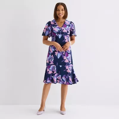 Liz Claiborne Womens Short Sleeve Floral Midi Empire Waist Dress