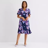Liz Claiborne Womens Short Sleeve Floral Midi Empire Waist Dress