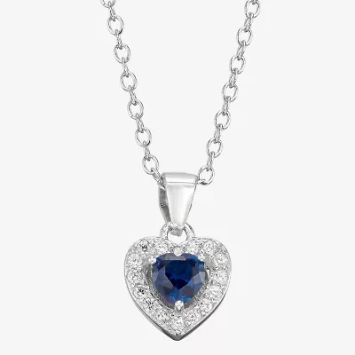Girls Blue Cubic Zirconia Sterling Silver Heart 15 Inch Pendant Necklace