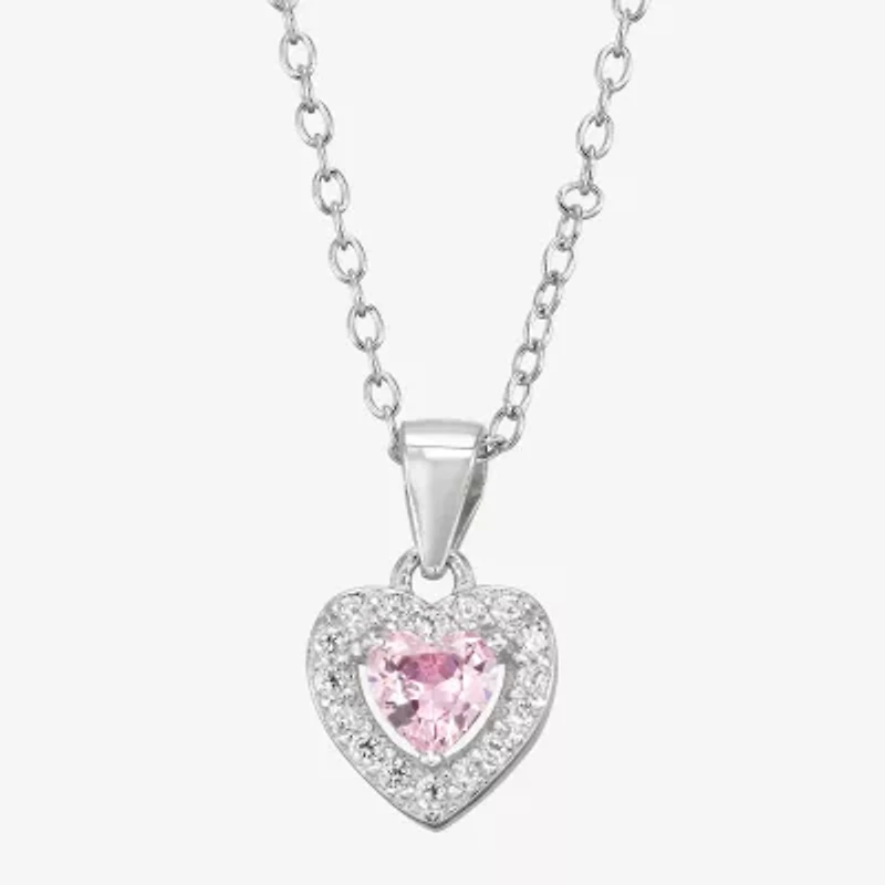 Girls Pink Cubic Zirconia Sterling Silver Heart 15 Inch Pendant Necklace