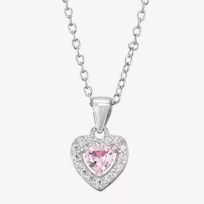 Girls Pink Cubic Zirconia Sterling Silver Heart 15 Inch Pendant Necklace