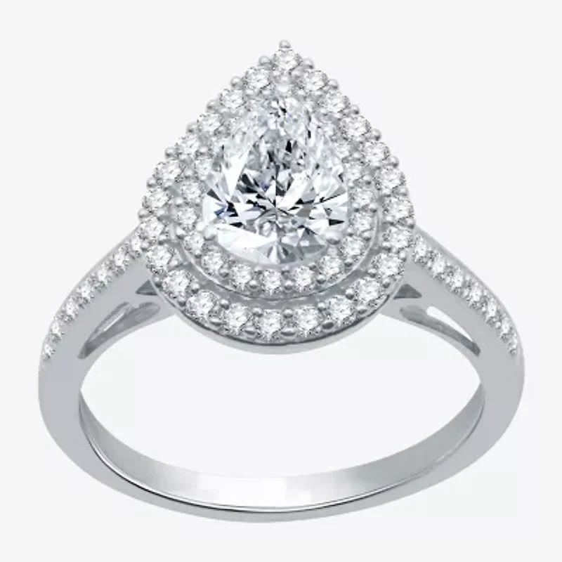 Signature By Modern Bride (H-I / I1) Womens 1 1/2 CT. T.W. Lab Grown White Diamond 10K Gold Pear Side Stone Halo Engagement Ring