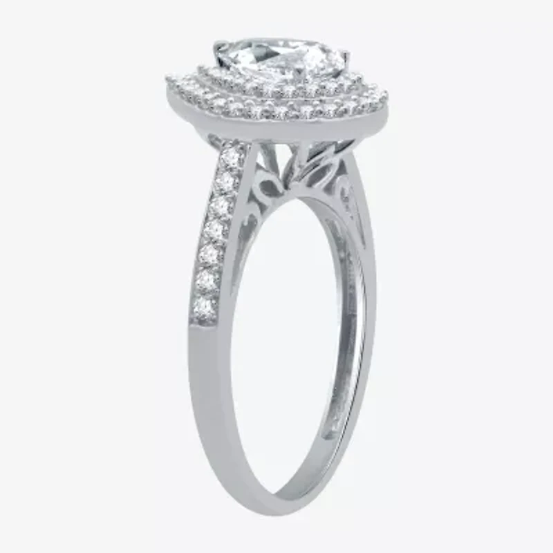 Signature By Modern Bride (H-I / I1) Womens 1 1/2 CT. T.W. Lab Grown White Diamond 10K Gold Pear Side Stone Halo Engagement Ring