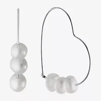 Silver Treasures Womens White Simulated Pearl Sterling Silver 27.1mm Heart Hoop Earrings