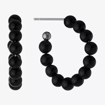 Silver Treasures Womens Black Chalcedony Sterling Silver 24.8mm Hoop Earrings