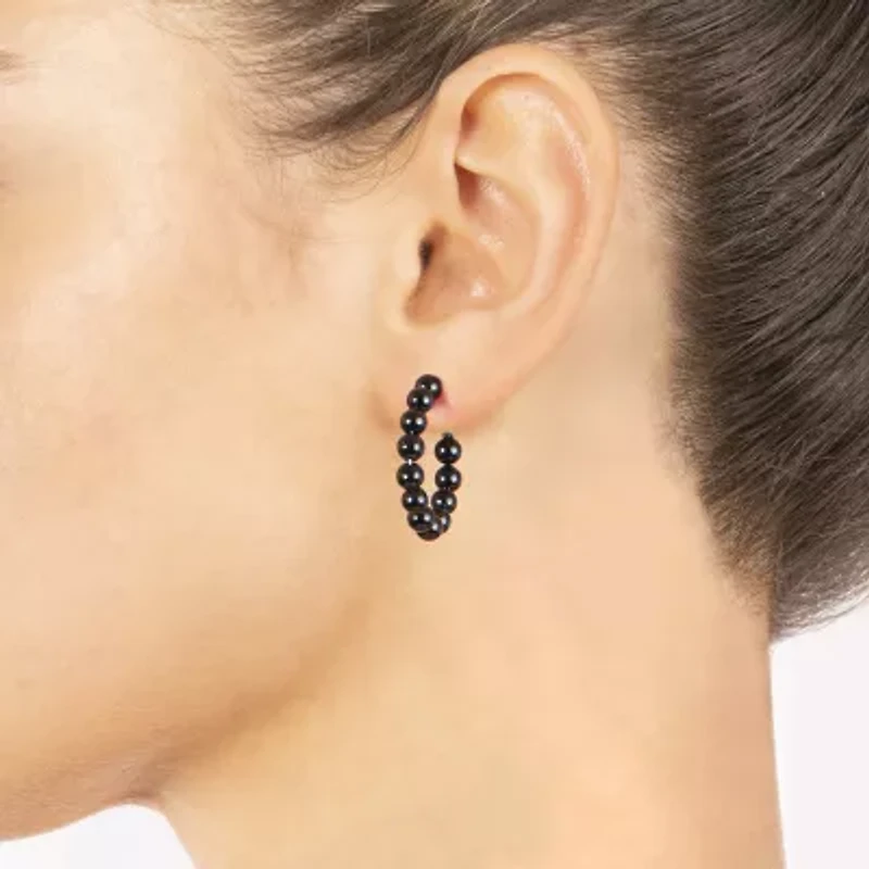 Silver Treasures Womens Black Chalcedony Sterling Silver 24.8mm Hoop Earrings