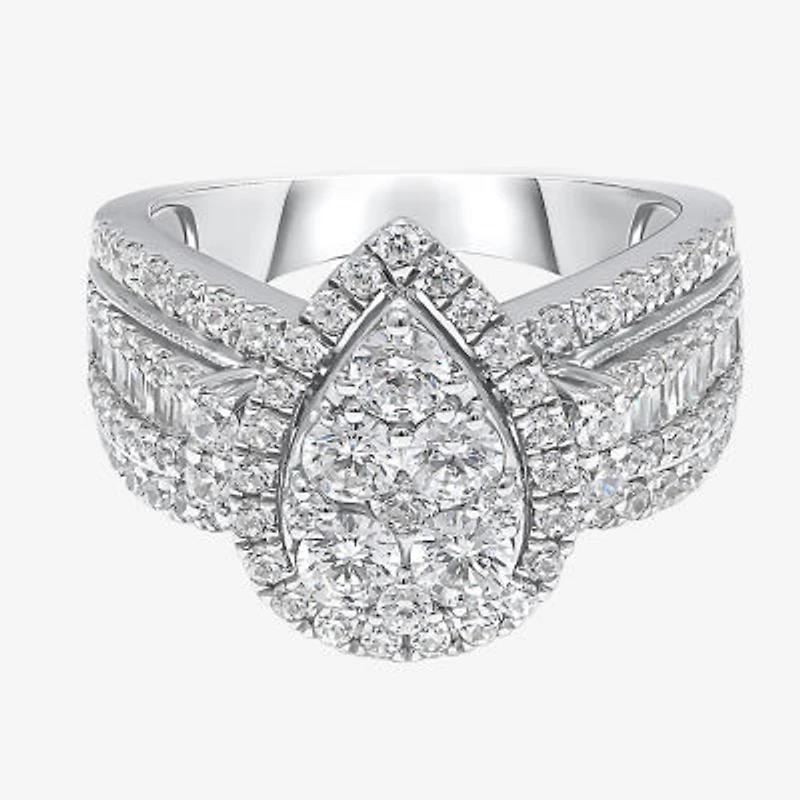 2 CT.T.W. Natural Diamond Pear Shape Side Stone Halo Engagement Ring 10K or 14K White Gold