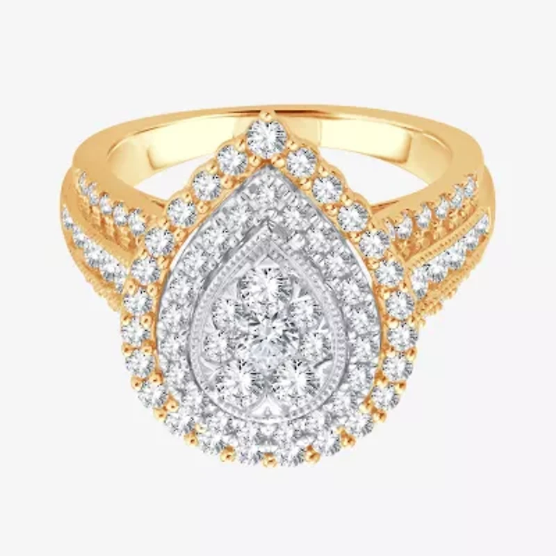 Womens 1 1/ CT. T.W. Natural White Diamond 10K Gold Pear Halo Engagement Ring