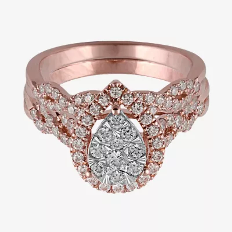 Signature By Modern Bride 1 CT.T.W. Natural Diamond Pear Shape Side Stone Halo Bridal Set 10K or 14K Gold