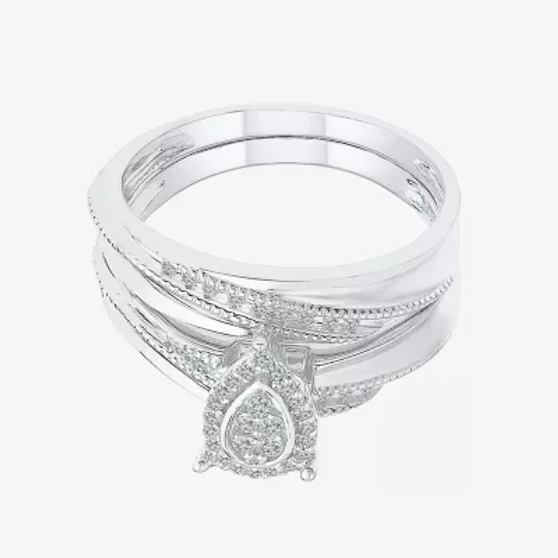 Womens 1/5 CT. Natural White Diamond Sterling Silver Pear Halo Bridal Set
