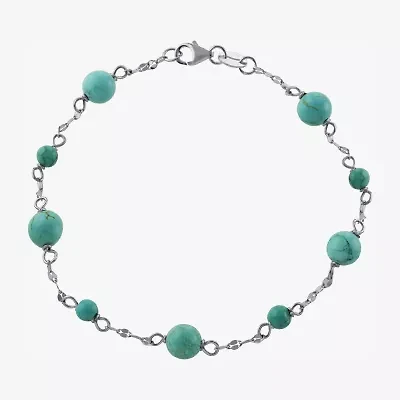 Womens Enhanced Blue Turquoise Sterling Silver Beaded Bracelet