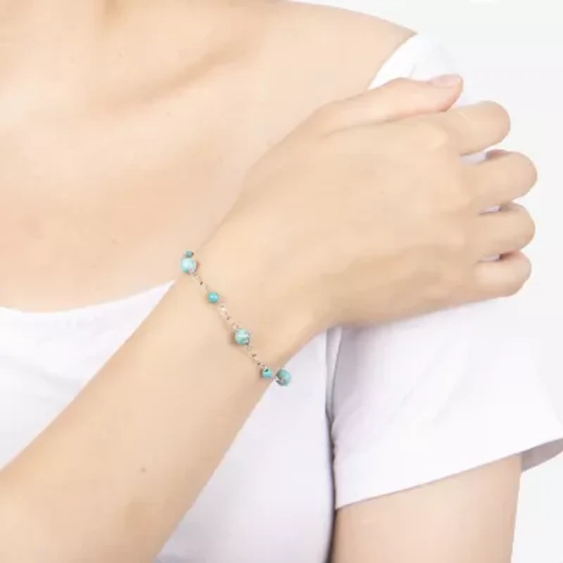 Womens Enhanced Blue Turquoise Sterling Silver Beaded Bracelet