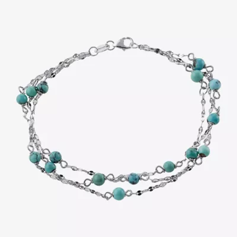 Womens Enhanced Blue Turquoise Sterling Silver Beaded Bracelet
