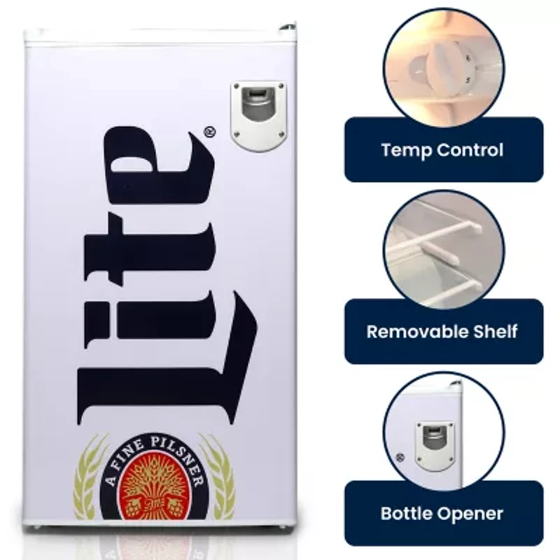 Miller Lite Compact Fridge with Bottle Opener- 90 L/ 95 Qt 3.2 Cu Ft