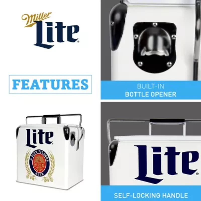 Miller Lite Retro Ice Chest Cooler with Bottle Opener 13L (14 qt)- White and Blue