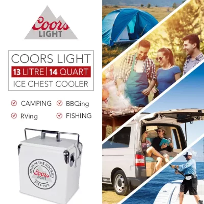 Coors Light Retro Ice Chest Cooler with Bottle Opener 13L (14 qt)- White and Silver