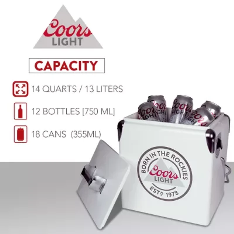 Coors Light Retro Ice Chest Cooler with Bottle Opener 13L (14 qt)- White and Silver