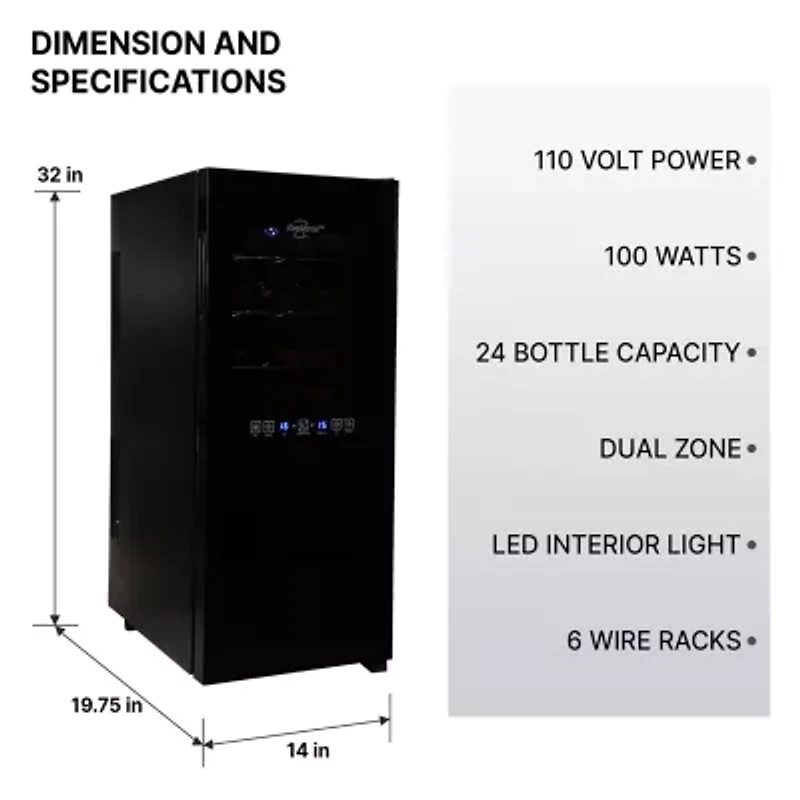 Koolatron 24 Bottle Dual Zone Wine Cooler Freestanding Wine Fridge