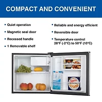 Stainless Steel Compact Fridge with Freezer- 1.6 cu ft (44L)- Silver and Black Reversible Door