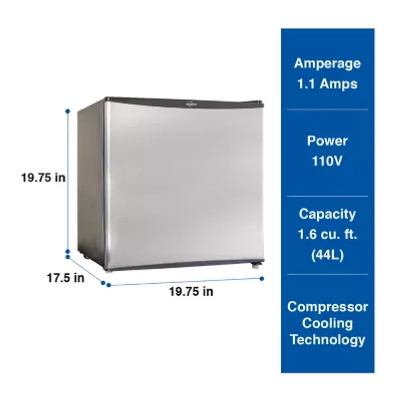 Stainless Steel Compact Fridge with Freezer- 1.6 cu ft (44L)- Silver and Black Reversible Door